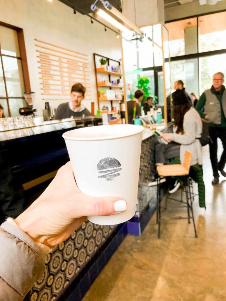 A cup of coffee inside Mañana coffee shop in Austin